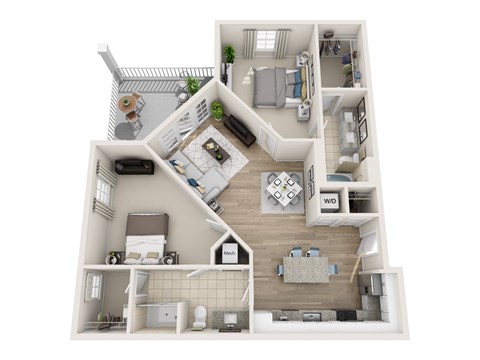 Floor plan for 2 beds, 2 baths, 1088 sqft